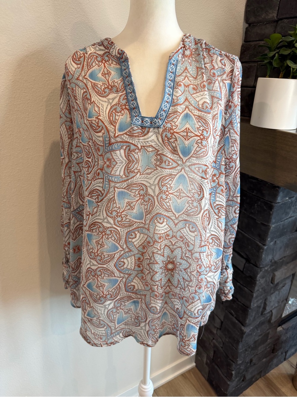 Democracy Sheer Paisley Printed V-Neck Blouse in Blue and Brown. Size L